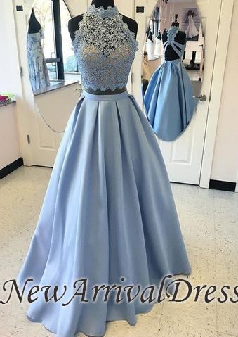 High Neck Two Piece Blue Custom Made A-line Lace Prom Dresses LPL071-newarrivaldress