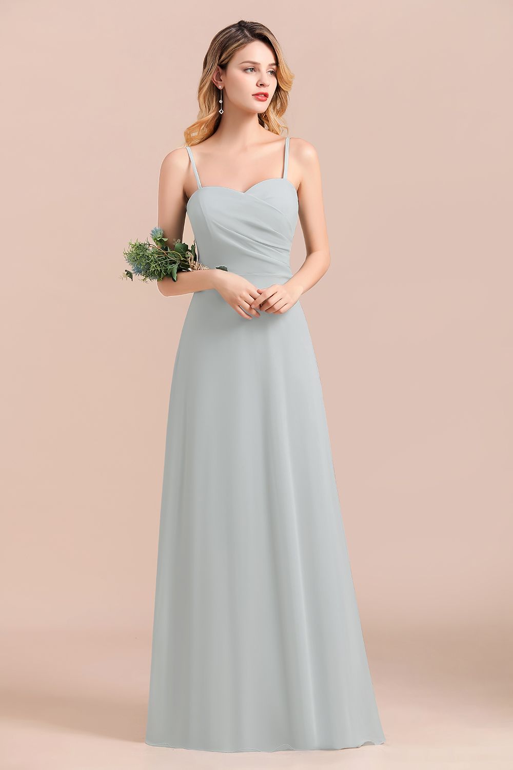 Spaghetti Straps Sweetheart Silver Bridesmaid Dresses Long Chiffon Wedding Guest Dress-newarrivaldress