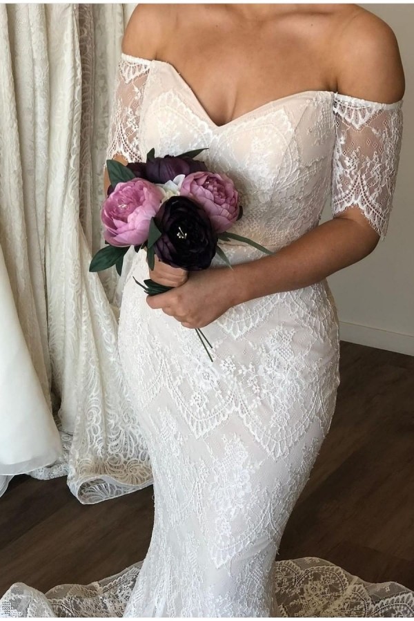 Strapless Off The Shoulder Mermaid Wedding Dresses | Lace Short Sleeves Bridal Gowns Online-newarrivaldress