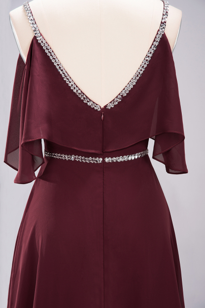 elegant A-line Chiffon V-Neck Spaghetti Straps Sleeveless Floor-Length Bridesmaid Dresses with Beading Sash-newarrivaldress