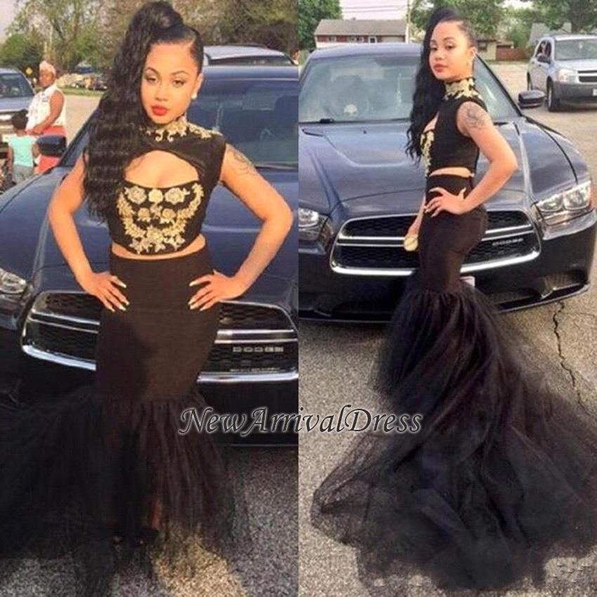 Mermaid Sleeveless Two-Pieces High-Neck Sexy Black Prom Dress-newarrivaldress