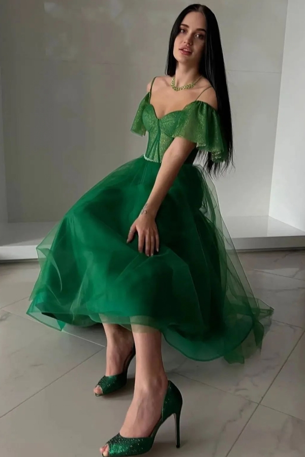 Glitter Off-the-Shoulder Aline Ankle Length Formal Dress Dark Green Tulle Simple Party Dress-newarrivaldress