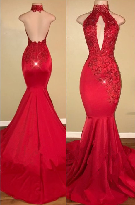 Red High Neck Lace Open Back Mermaid Prom Dresses BA7768-newarrivaldress