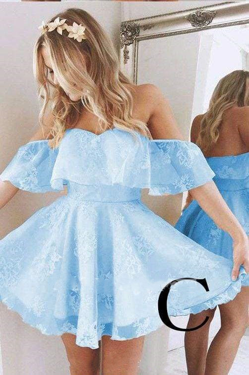 A-Line Lace Off-Shoulder Short Prom Dresses Pearl Pink Homecoming Dress-newarrivaldress