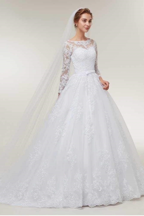 Stunning White Floral Lace Appliques Long Sleeves Aline Wedding Gown-newarrivaldress