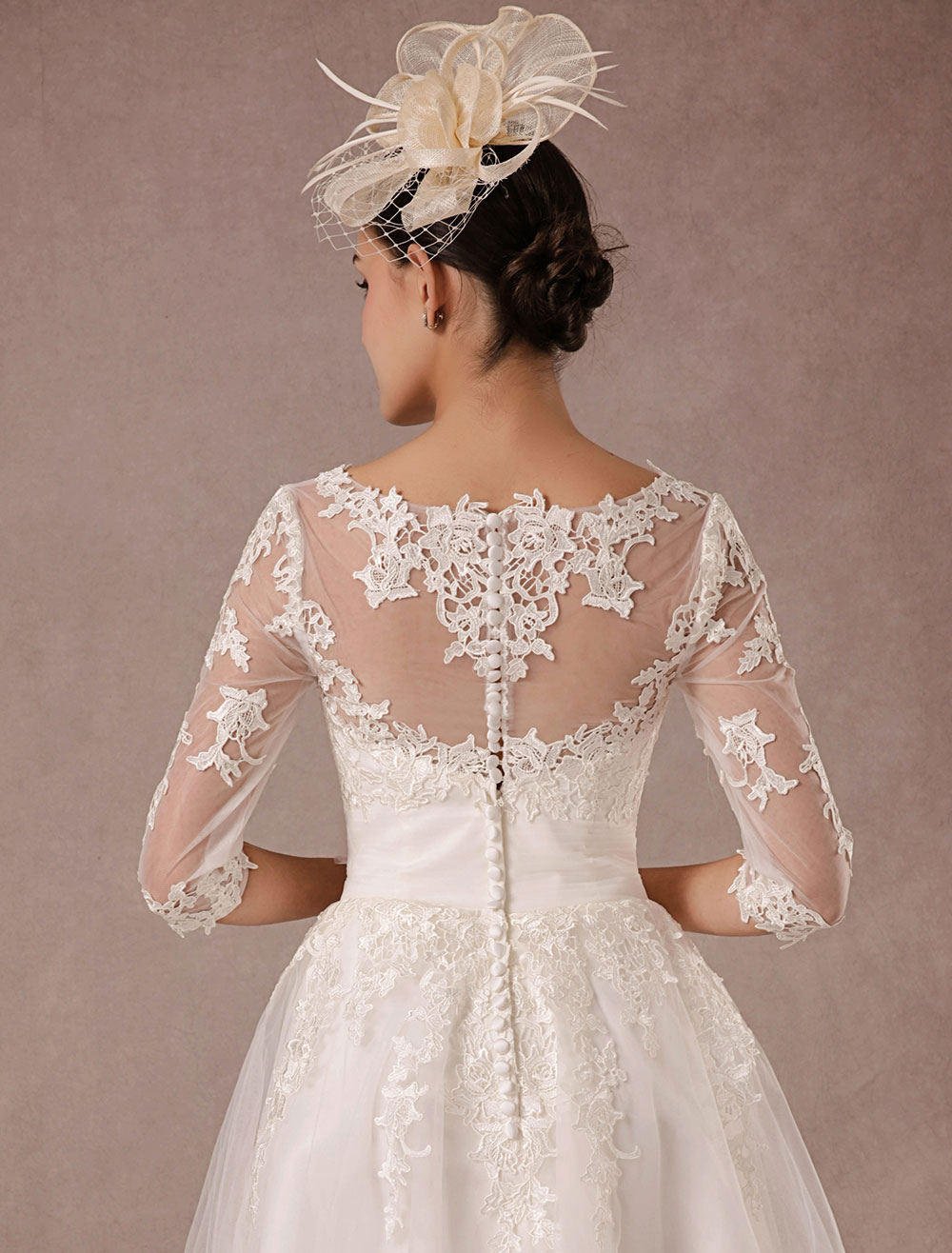 Short Wedding Dress Vintage Lace Applique Long Sleeves Tea Length A Line Tulle Bridal Gown With Flower Sash Exclusive-newarrivaldress