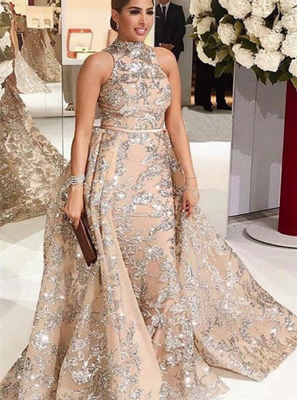 Silver Beads Appliques Overskirt Prom Dresses Long | Sleeveless Champagne Formal Dress