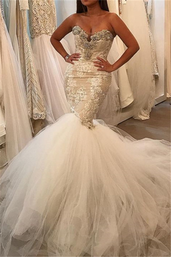 Glamorous Mermaid Tulle Sexy Wedding Dresses | Lace Sweetheart Crystal Bridal Gowns 2021-newarrivaldress