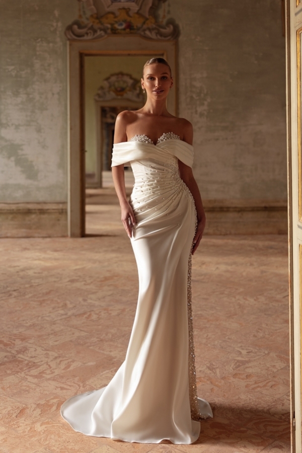 Off-the-Shoulder White Satin Wedding Dress Sheath Bridal Dress with Pearls-newarrivaldress