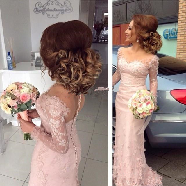 Long-Sleeve Pink Sheer Appliques Sheath Buttons Lace Bridesmaid Dress-newarrivaldress