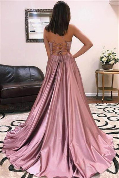Glamorous Spaghetti-Straps V-Neck Side-Slit A-Line Prom Dresses-newarrivaldress