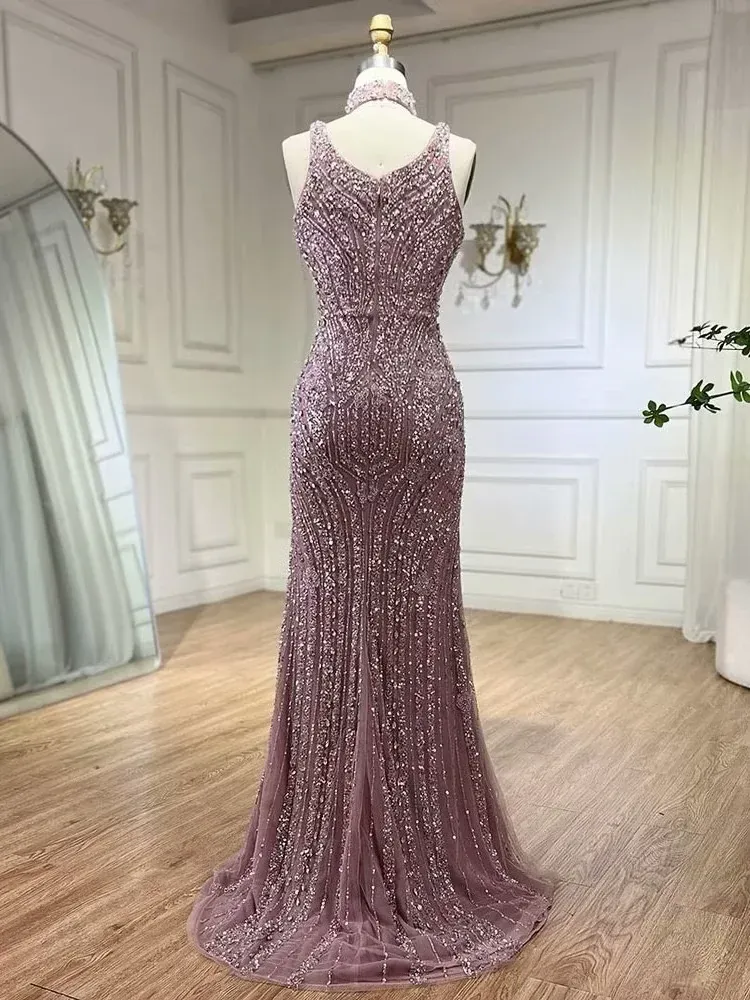 Fashion Sheath Bead Embroidery Dusk Square Split Long Prom Dress
