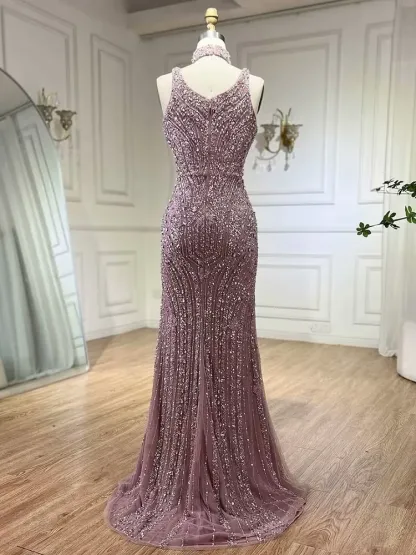 Fashion Sheath Bead Embroidery Dusk Square Split Long Prom Dress