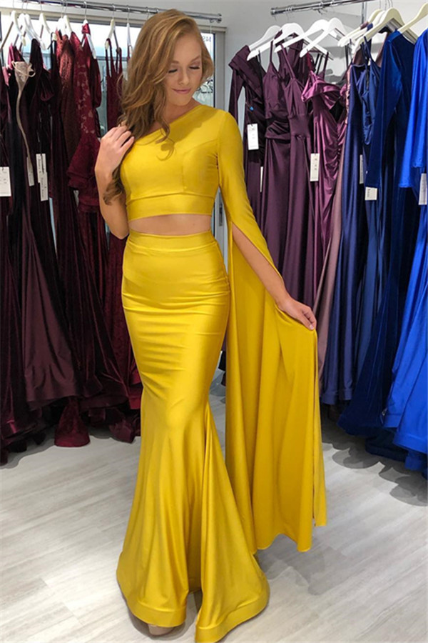 2021 New Yellow Two-Pieces One-Shoulder Mermaid Prom Dress-newarrivaldress