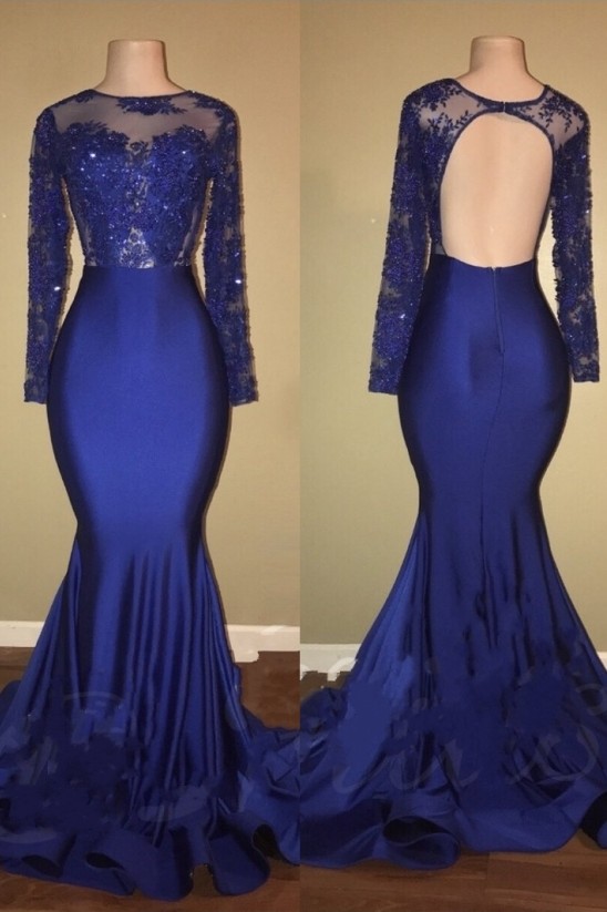 Royal Blue Beaded Long Sleeve Ruffles Skirt Mermaid Prom Dresses-newarrivaldress