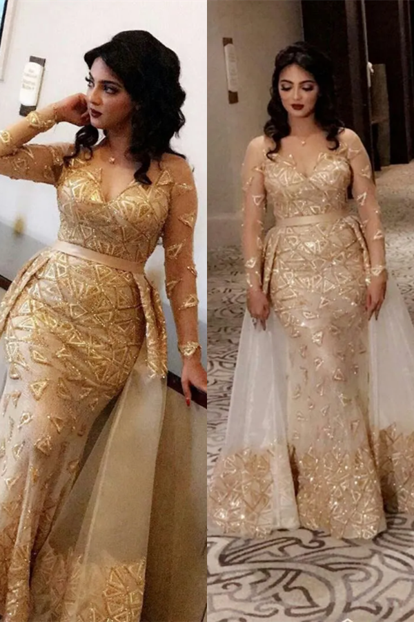 Stunning V-Neck Long Sleeves Mermaid Prom Dress Glitter Gold Appliques Evening Party Dress-newarrivaldress