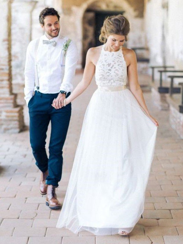 Floor Length A-Line Halter Tulle Sleeveless Wedding Dresses Online-newarrivaldress