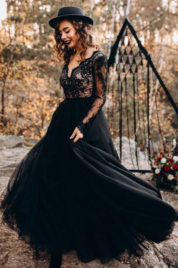 Black Wedding Dresses A-Line Designed Tulle Lace Bridal Gown Long Sleeves