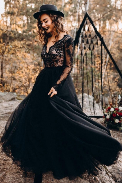 Black Wedding Dresses A-Line Designed Tulle Lace Bridal Gown Long Sleeves-newarrivaldress