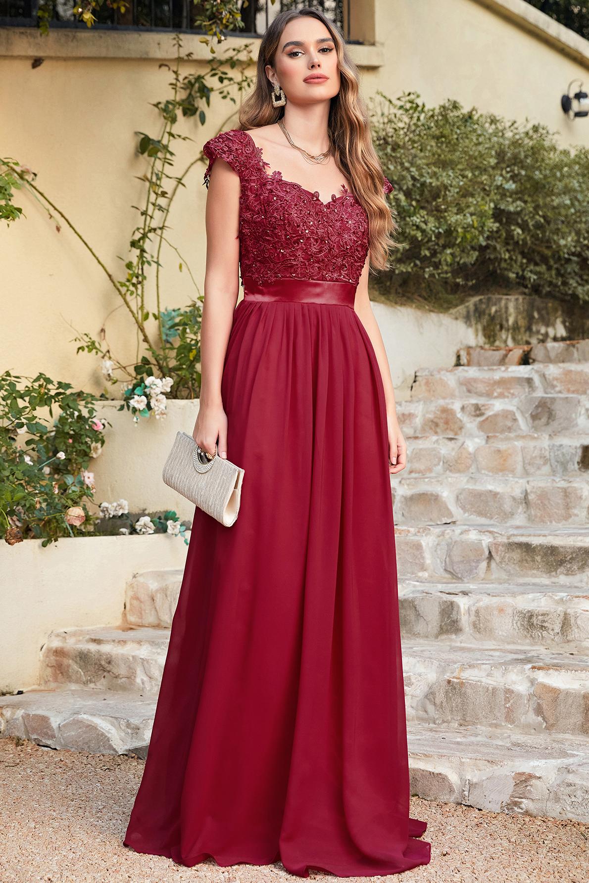 Chic Cap Sleeves Floral Lace Aline Long Evening Dresses Beadings Floor Length Chiffon Bridesmaid Dresses-newarrivaldress