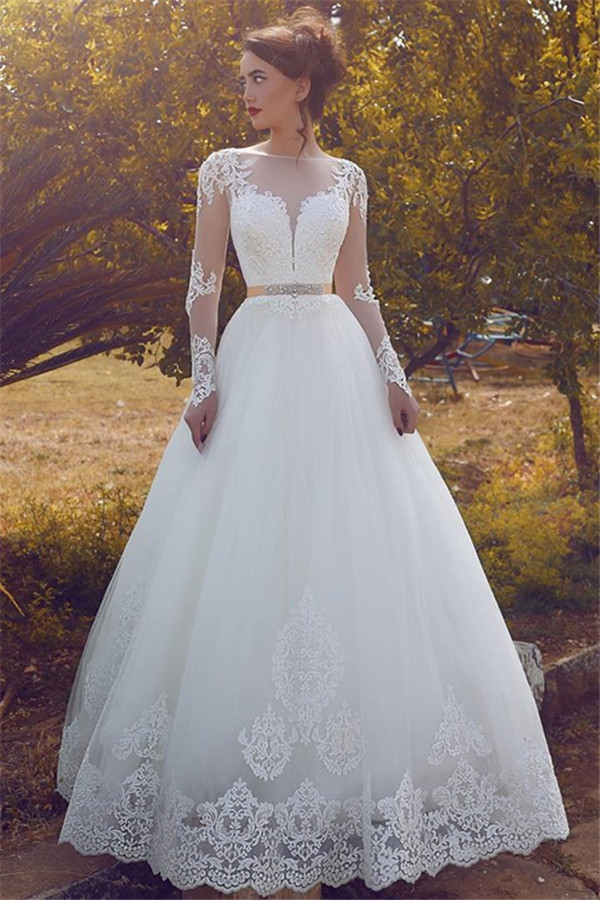 Glamorous Lace Appliques Long Sleeve Wedding Dresses | Fluffy Tulle Elegant A-Line Bridal Gowns-newarrivaldress