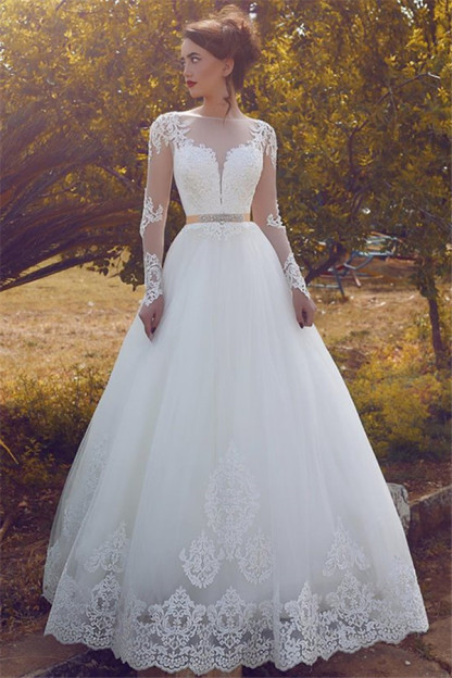 Glamorous Lace Appliques Long Sleeve Wedding Dresses | Fluffy Tulle Elegant A-Line Bridal Gowns-newarrivaldress