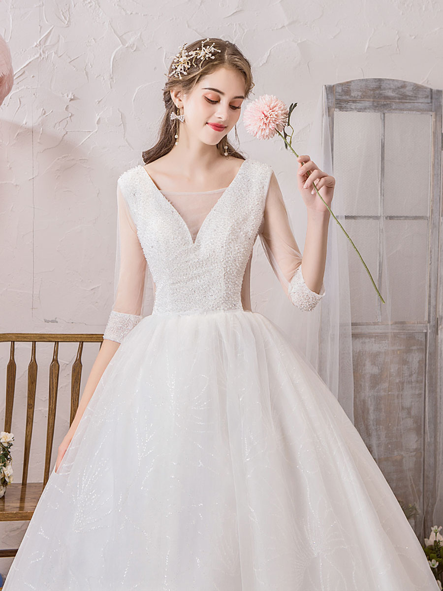 Wedding Dress Princess Silhouette Floor Length V Neck Sleeveless Natural Waist Beaded Lycra Spandex Bridal Gowns-newarrivaldress