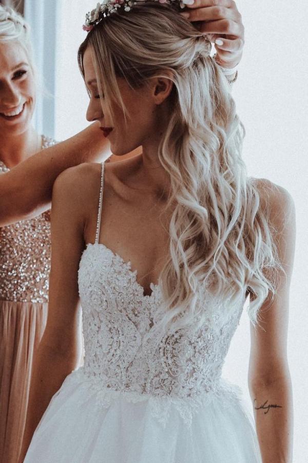 Stylish Floral Lace Pearls Wedding Dress Backless Tulle Bridal Dress-newarrivaldress