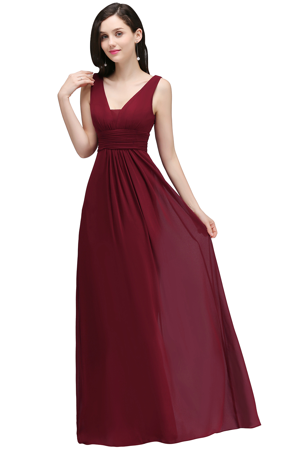 ALEXA | Sheath V Neck Burgundy Chiffon Long Evening Dresses-newarrivaldress