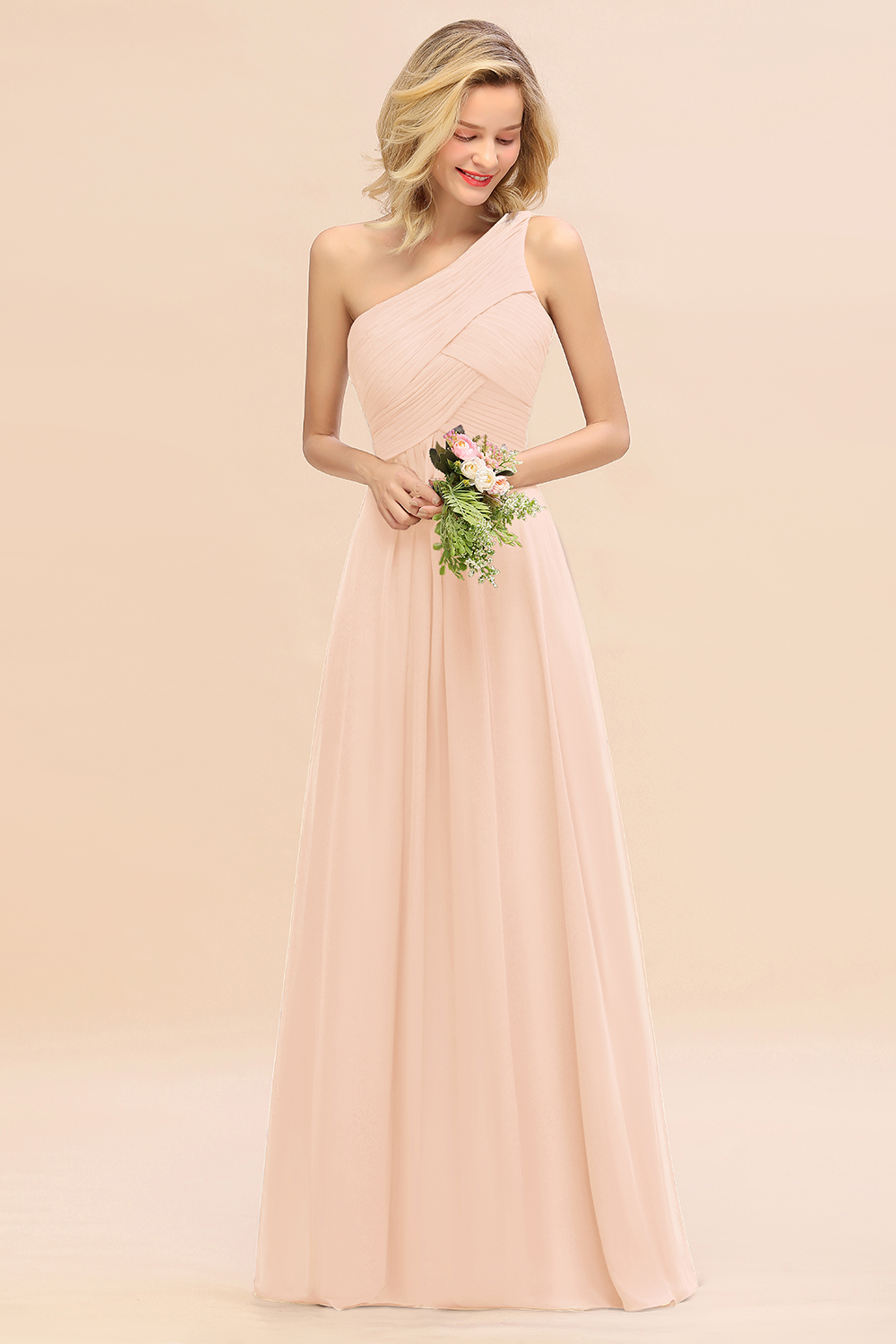 Elegant Ruched Chiffon One Shoulder Bridesmaid Dress Long Sleeveless Evening Dress-newarrivaldress