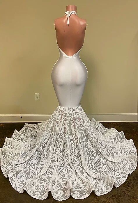 Halter White Mermaid Prom Dress Sleeveless V-Neck Party Gown-newarrivaldress