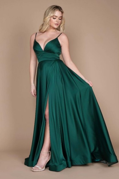 Sexy Sleeveless Side Slit Long Evening Dress Spaghetti Straps Satin Prom Dress with Pockets-newarrivaldress