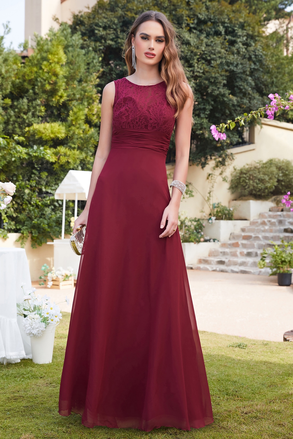 MACY | A-line Floor Length Lace Top Sleeveless Chiffon Bridesmaid Dresses-newarrivaldress