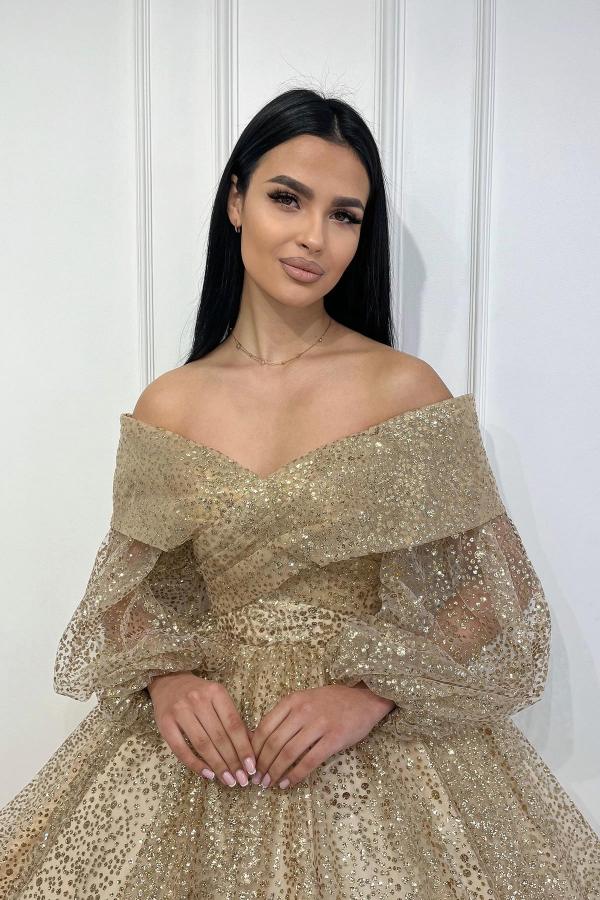 Champagne Off Shoulder Long Sleeves Prom Dresses Glitter Ankle Length Party Wear Dress-newarrivaldress