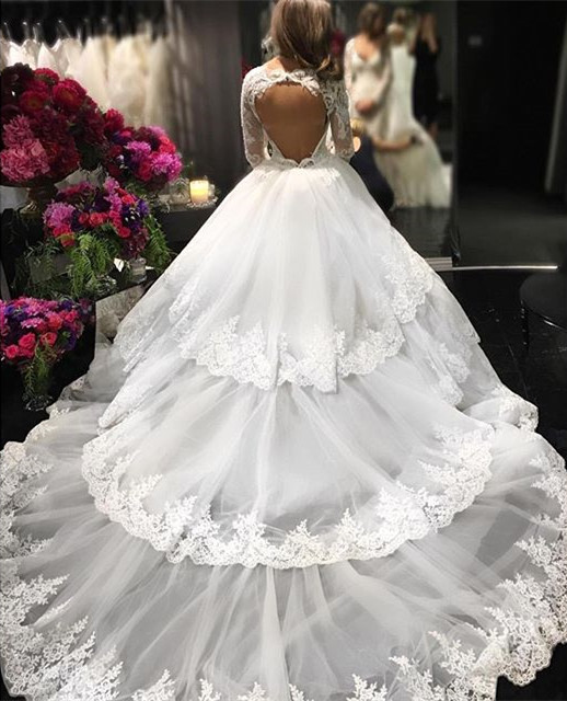 Three-Layers Long Sleeve Online New Arrival Lace Appliques Delicate Elegant Ball Gown Wedding Dresses-newarrivaldress