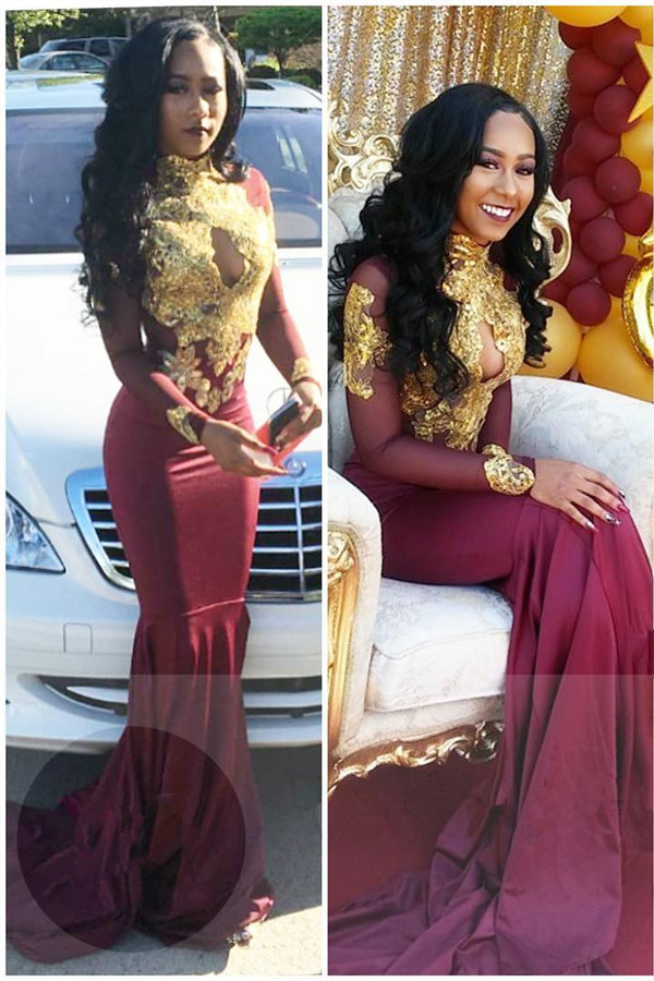Gold-Appliques Elegant Long-Sleeves Backless High-Neck Prom Dresses-newarrivaldress