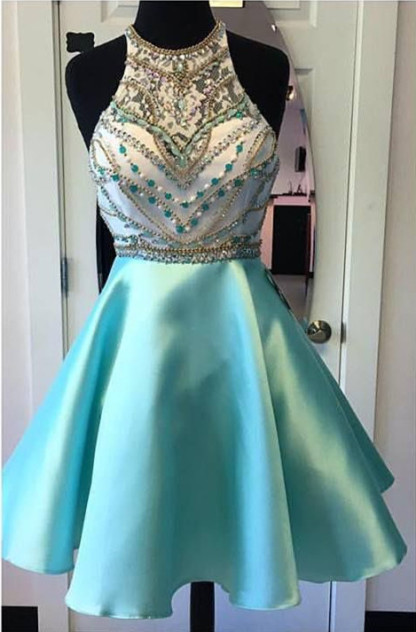 Cute Crystals Halter Blue Sleeveless Custom Made A-line Sexy Short Homecoming Dresses-newarrivaldress