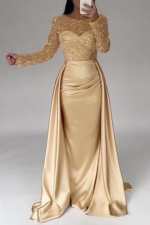 Gorgeous Long Sleeves Satin Mermaid Prom Dress Jewel Neck Glitter Sequins Evening Dress with Train-newarrivaldress