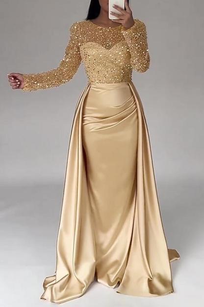 Gorgeous Long Sleeves Satin Mermaid Prom Dress Jewel Neck Glitter Sequins Evening Dress with Train-newarrivaldress