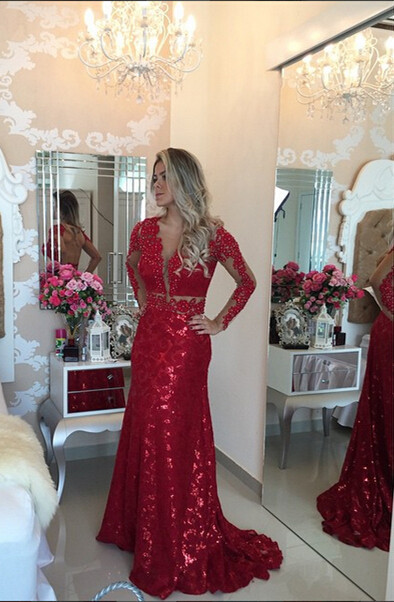Glamorous Red Mermaid Sequins Prom DressLace Appliques Backless-newarrivaldress