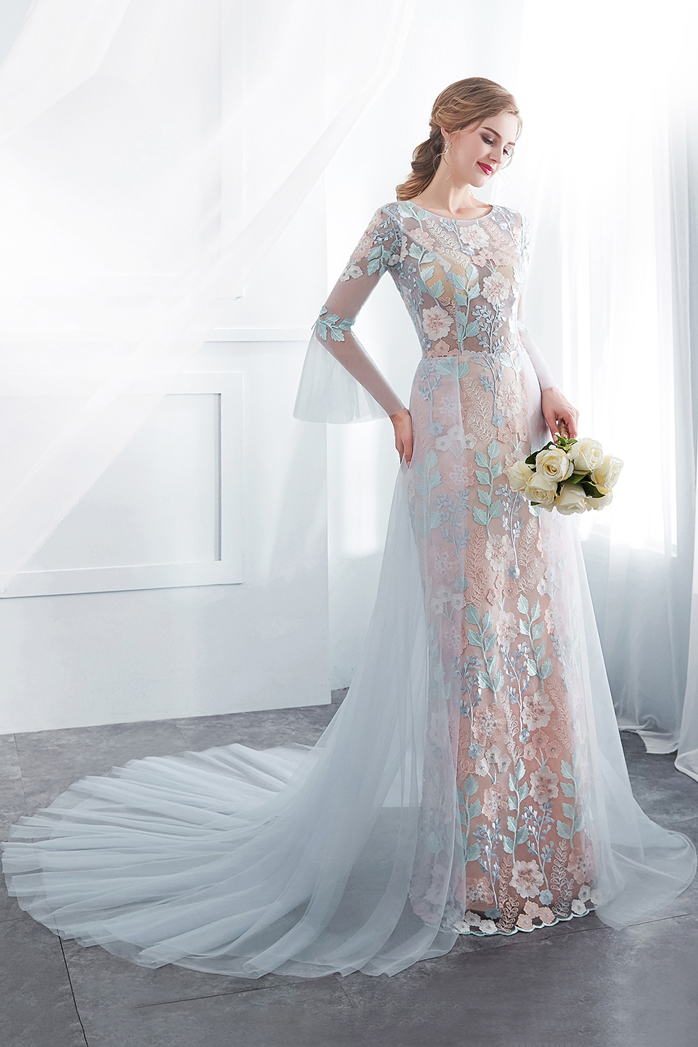 NAOMI | Sheath Long Sleeves Sheer Neckline Appliqued Flowers Evening Dresses-newarrivaldress