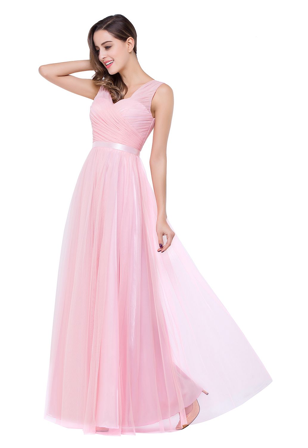 ELLIOT | A-line Sleeveless V-neck Floor-length Tulle Bridesmaid Dresses-newarrivaldress