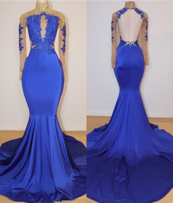 Royal Blue Long Prom Dresses for Juniors Online | Open Back Mermaid Appliques Evening Gowns BC0717-newarrivaldress