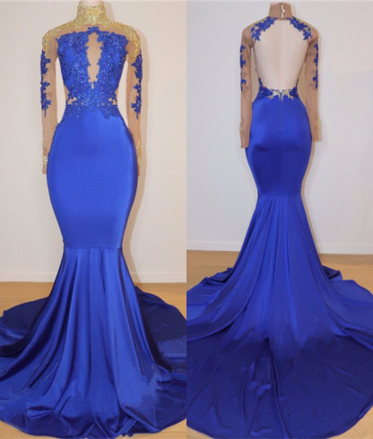Royal Blue Long Prom Dresses for Juniors Online | Open Back Mermaid Appliques Evening Gowns BC0717-newarrivaldress