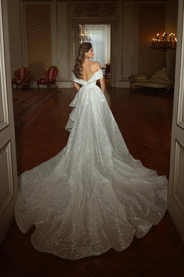 Off-the-Shoulder Glitter Sequins Mermaid Wedding Dresses White Bridal Dress with Sweep Train-newarrivaldress
