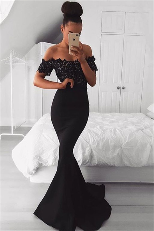 Black Off the Shoulder Lace Mermaid Prom Dresses | Short Sleeves Formal Gowns-newarrivaldress