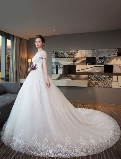 Ivory Wedding Dresses Off The Shoulder Lace Beading Cathedral Train Bridal Dress-newarrivaldress