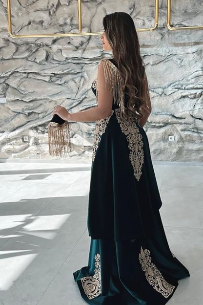 Dark green velvet sleeveless long prom dress with gold lace appliques