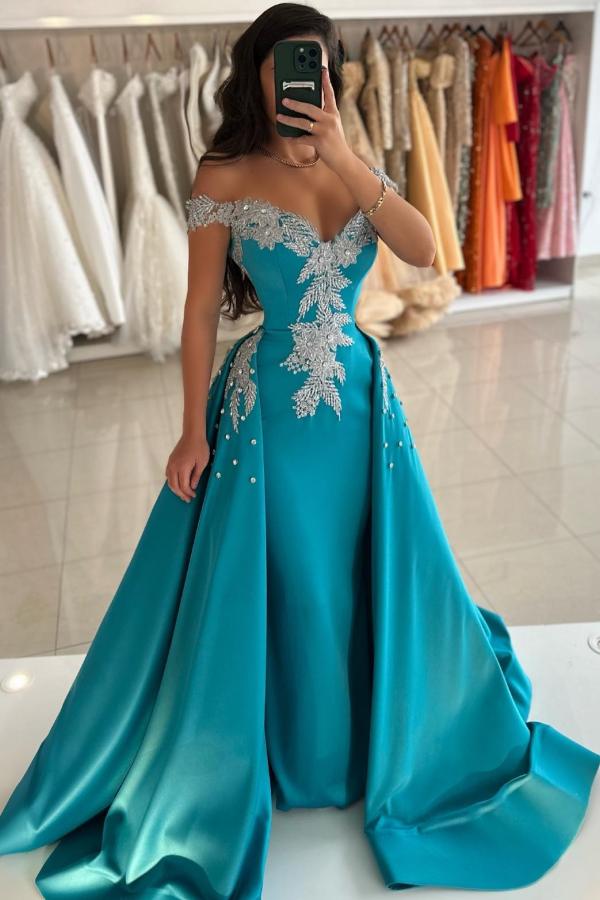 Glamorous Off-the-Shoulder Satin Mermaid Evening Gown Pearls with Train-newarrivaldress