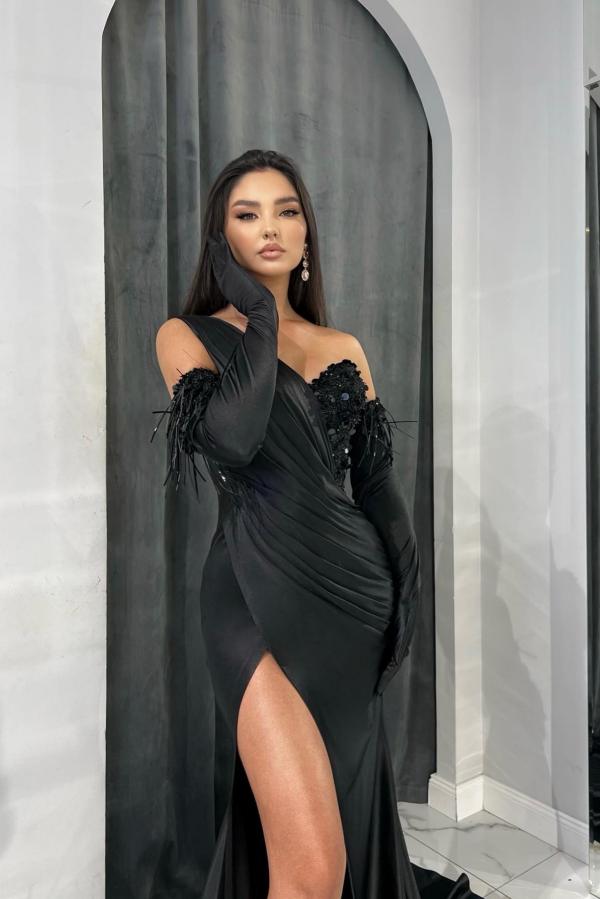 Stylish One Shoulder Black Satin Long Evening Party Dress Ruched with Side Split-newarrivaldress